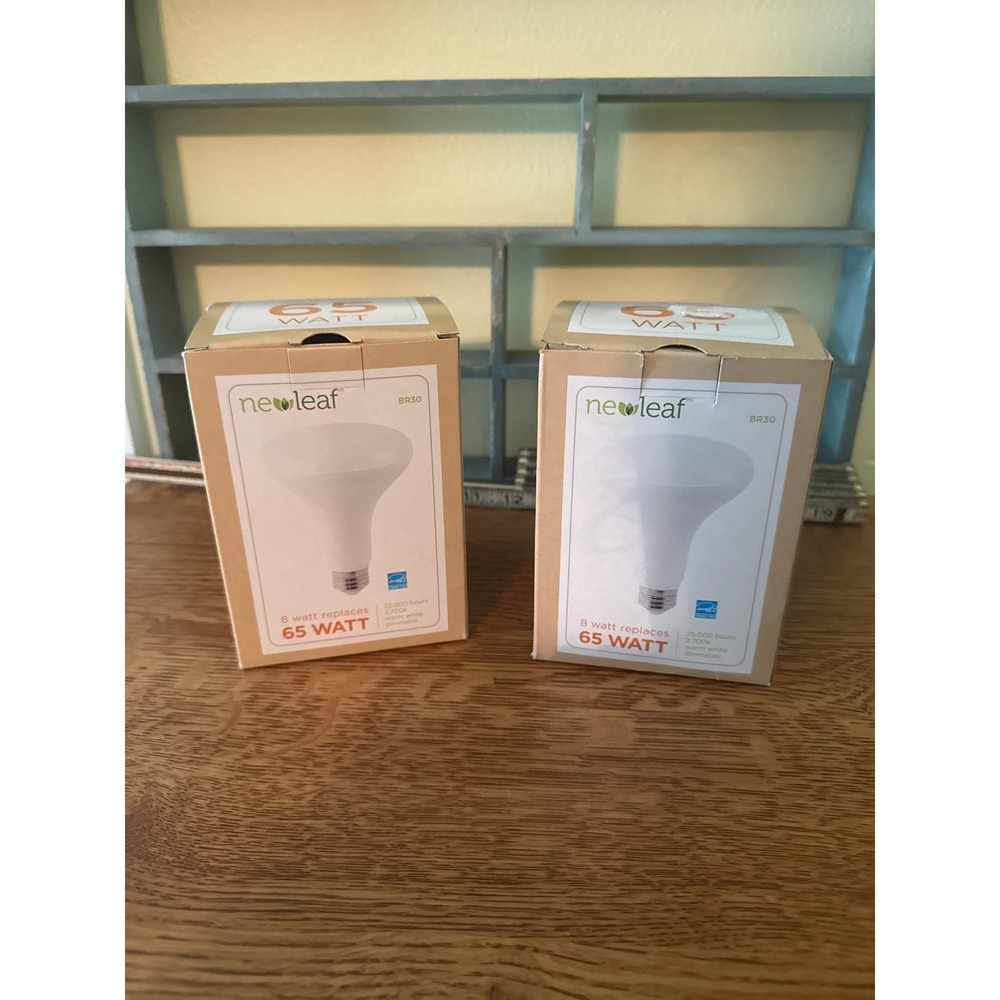 2 New Leaf BR30 8W LED Bulbs 65W Equivalent Warm White 2700K Dimmable Bulbs